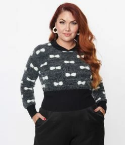 New Arrivals! Unique Vintage Plus Size Black & Ivory Bow Fuzzy Sweater