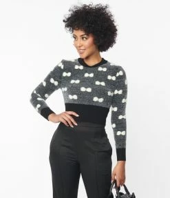 New Arrivals! Unique Vintage Black & Ivory Bow Fuzzy Sweater