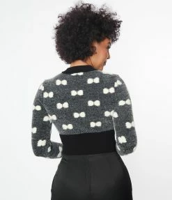 New Arrivals! Unique Vintage Black & Ivory Bow Fuzzy Sweater