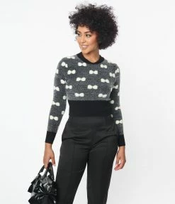 New Arrivals! Unique Vintage Black & Ivory Bow Fuzzy Sweater
