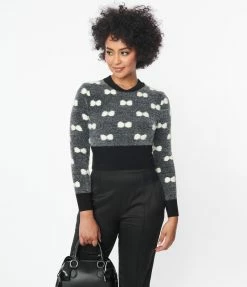 New Arrivals! Unique Vintage Black & Ivory Bow Fuzzy Sweater