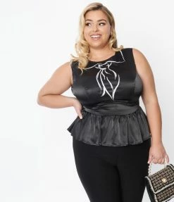 Unique Vintage Plus Size Black & Trompe Loeil Bow Tie Honeybun Top Sale