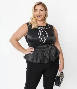 Unique Vintage Plus Size Black & Trompe Loeil Bow Tie Honeybun Top Sale