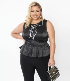 Unique Vintage Plus Size Black & Trompe Loeil Bow Tie Honeybun Top Sale