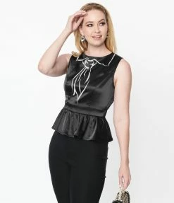 Unique Vintage Black & Trompe Loeil Bow Tie Honeybun Top