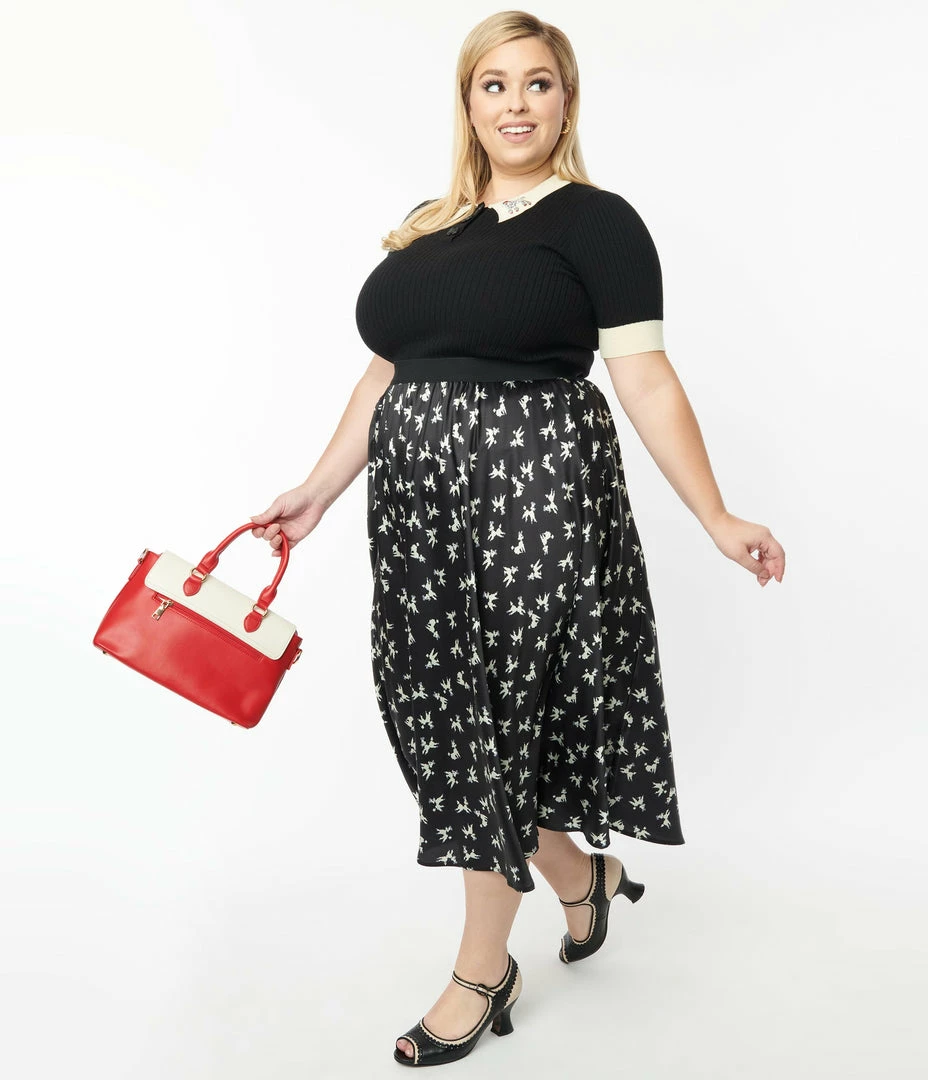 Unique Vintage Plus Size Black Poodle Print Hilty Midi Skirt New Arrivals!