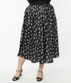 Unique Vintage Plus Size Black Poodle Print Hilty Midi Skirt New Arrivals!