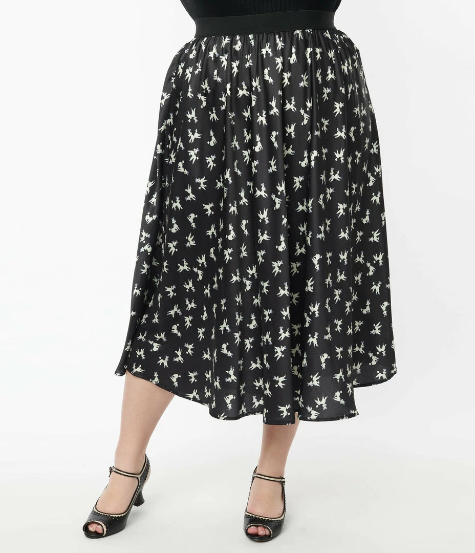 Unique Vintage Plus Size Black Poodle Print Hilty Midi Skirt New Arrivals!