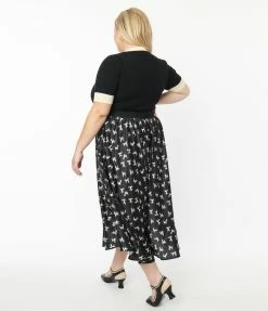 Unique Vintage Plus Size Black Poodle Print Hilty Midi Skirt New Arrivals!