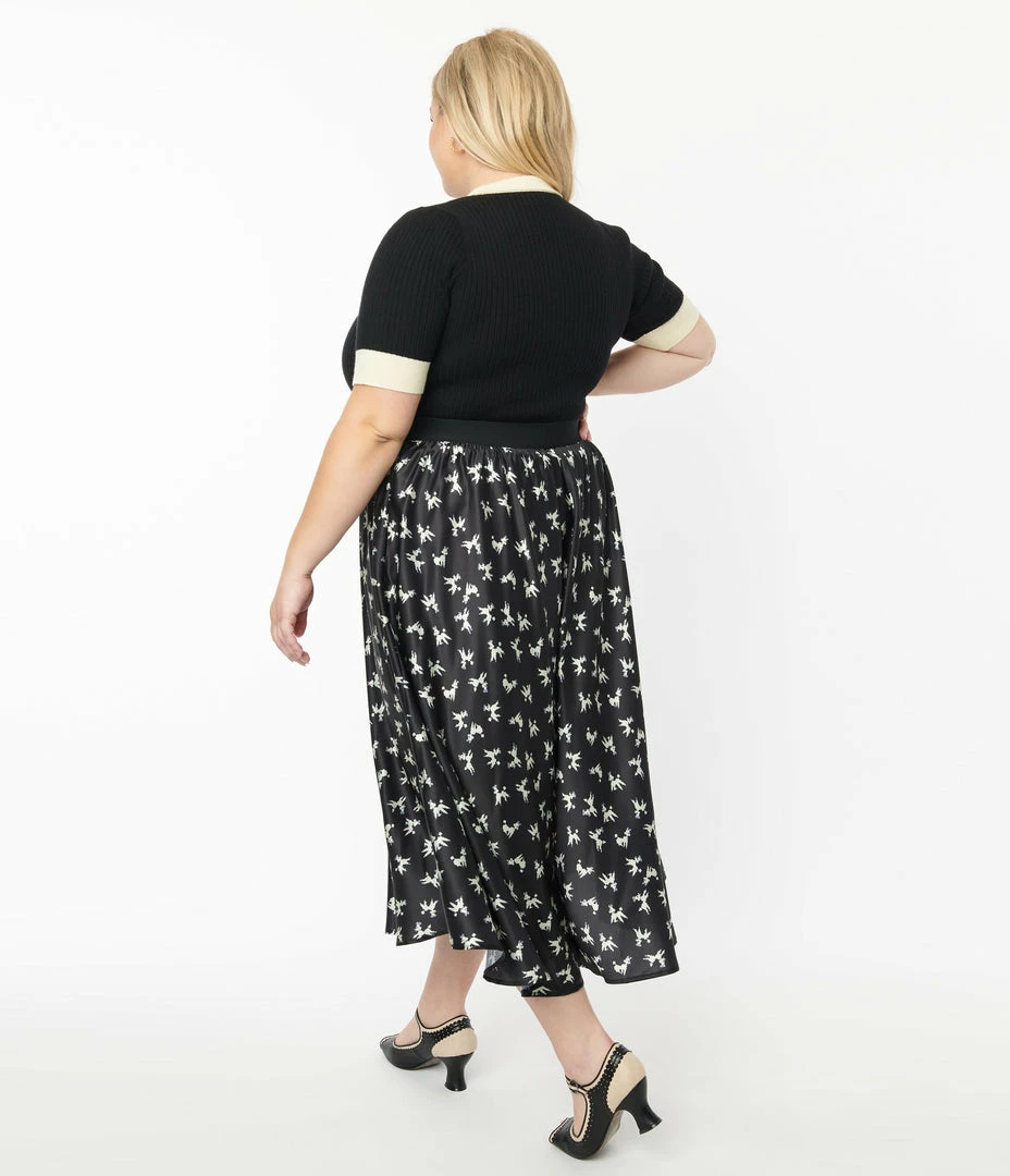 Unique Vintage Plus Size Black Poodle Print Hilty Midi Skirt New Arrivals!