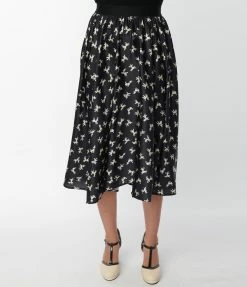 Unique Vintage Black Poodle Print Hilty Midi Skirt