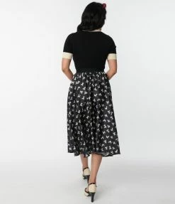 Unique Vintage Black Poodle Print Hilty Midi Skirt