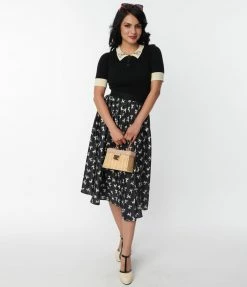 Unique Vintage Black Poodle Print Hilty Midi Skirt