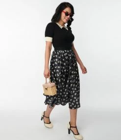 Unique Vintage Black Poodle Print Hilty Midi Skirt