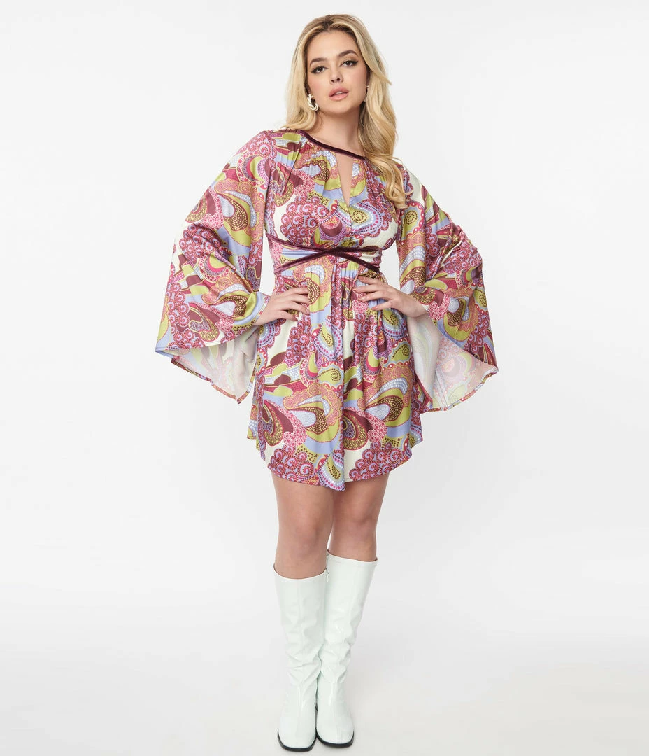 Smak Parlour Purple & Green Paisley Print Mini Dress