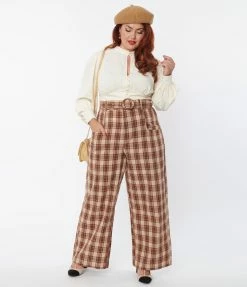 Unique Vintage Plus Size Brown & Orange Plaid Ginger Pants New Arrivals!