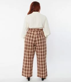 Unique Vintage Plus Size Brown & Orange Plaid Ginger Pants New Arrivals!