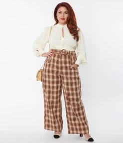 Unique Vintage Plus Size Brown & Orange Plaid Ginger Pants New Arrivals!