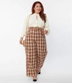 Unique Vintage Plus Size Brown & Orange Plaid Ginger Pants New Arrivals!