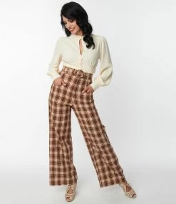 Unique Vintage Brown & Orange Plaid Ginger Pants