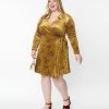 Trending Unique Vintage Plus Size Chartreuse & Red Rose Velvet Wrap Dress