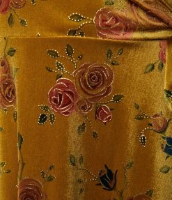 Unique Vintage Chartreuse & Red Rose Velvet Wrap Dress