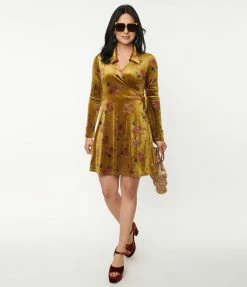 Unique Vintage Chartreuse & Red Rose Velvet Wrap Dress