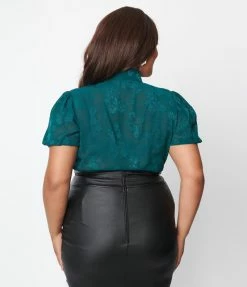 Clothing Unique Vintage Plus Size Teal Burnout Floral Caroline Blouse