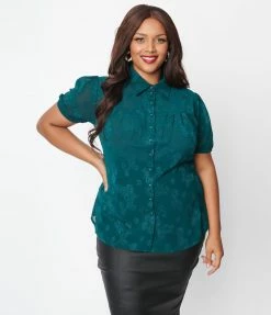 Clothing Unique Vintage Plus Size Teal Burnout Floral Caroline Blouse
