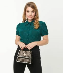 Unique Vintage Teal Burnout Floral Caroline Blouse