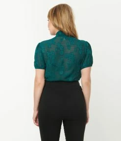 Unique Vintage Teal Burnout Floral Caroline Blouse