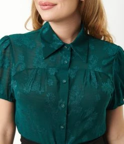 Unique Vintage Teal Burnout Floral Caroline Blouse