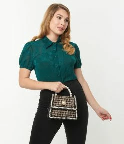 Unique Vintage Teal Burnout Floral Caroline Blouse