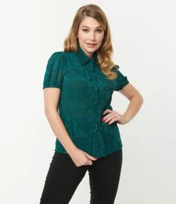 Unique Vintage Teal Burnout Floral Caroline Blouse