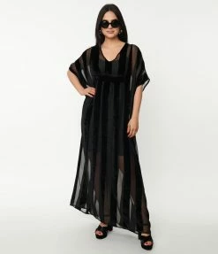 New Arrivals! Unique Vintage Black Stripe Devore Velvet Burton Caftan Dress
