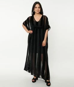 New Arrivals! Unique Vintage Black Stripe Devore Velvet Burton Caftan Dress