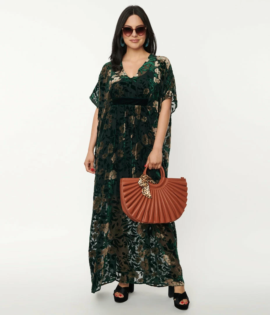 Trending Unique Vintage Emerald & Floral Burnout Burton Caftan Dress