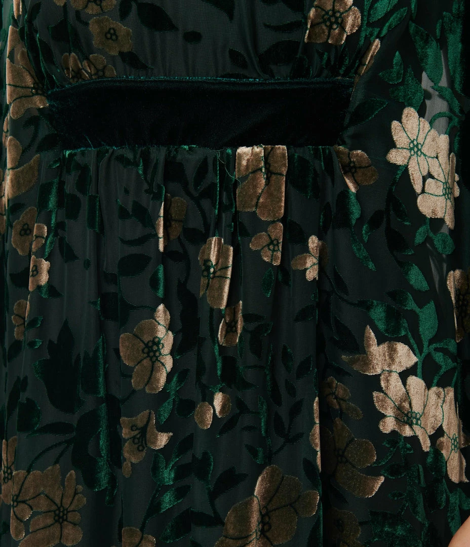 Trending Unique Vintage Emerald & Floral Burnout Burton Caftan Dress