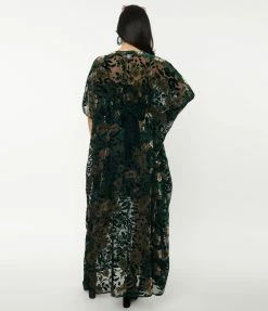 Trending Unique Vintage Emerald & Floral Burnout Burton Caftan Dress