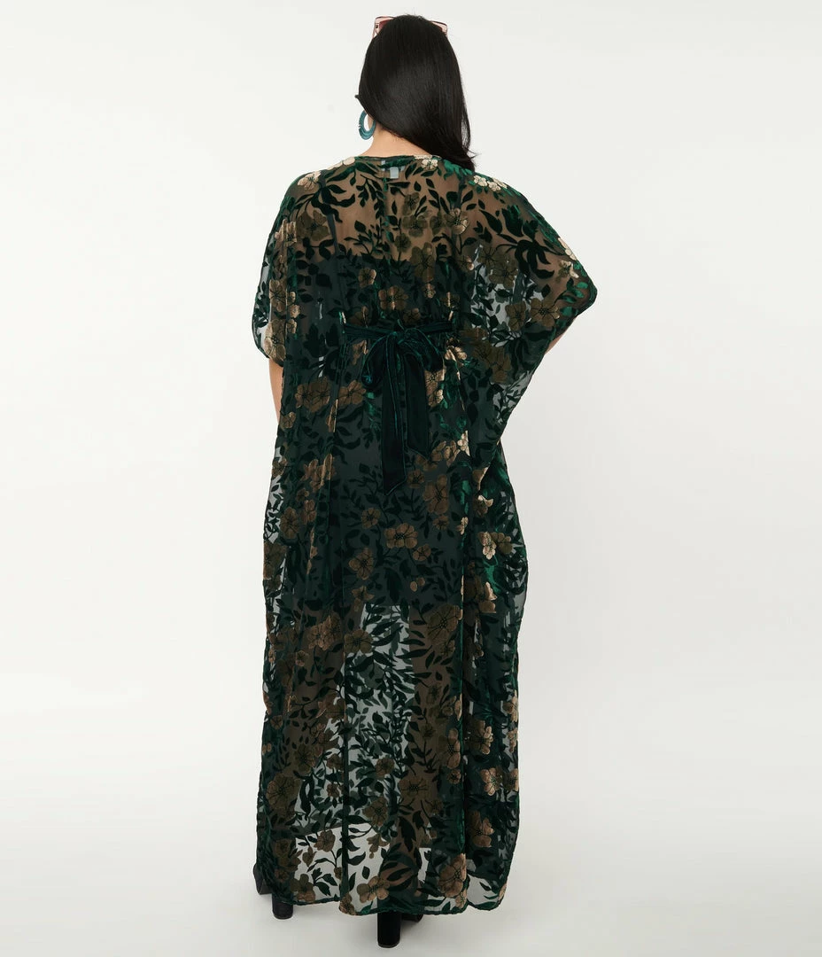 Trending Unique Vintage Emerald & Floral Burnout Burton Caftan Dress