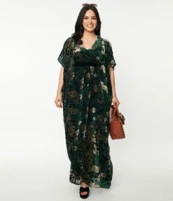 Trending Unique Vintage Emerald & Floral Burnout Burton Caftan Dress