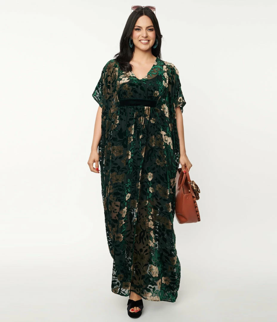 Trending Unique Vintage Emerald & Floral Burnout Burton Caftan Dress