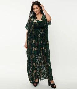 Trending Unique Vintage Emerald & Floral Burnout Burton Caftan Dress