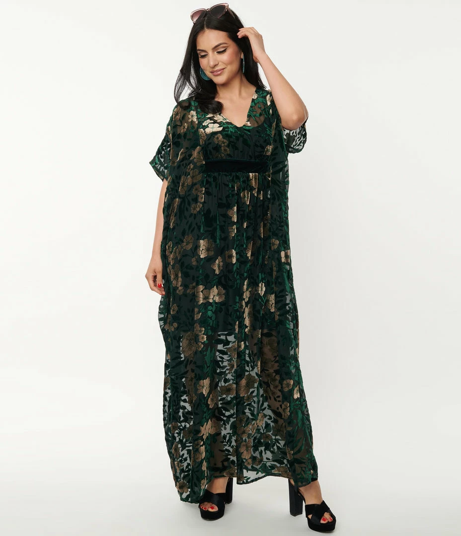 Trending Unique Vintage Emerald & Floral Burnout Burton Caftan Dress
