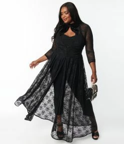 Unique Vintage Plus Size Black Floral Lace Tallullah Duster