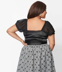 New Arrivals! Unique Vintage Plus Size Black Satin Sweetheart Blouse
