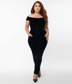 Unique Vintage Plus Size Navy Velvet Gillian Jumpsuit