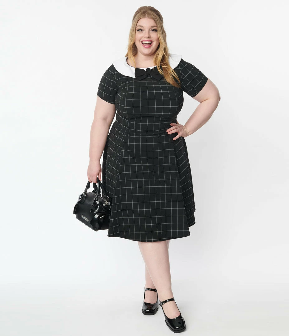 Unique Vintage Plus Size Black Windowpane Eloise Swing Dress Trending