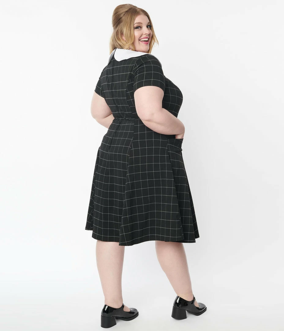 Unique Vintage Plus Size Black Windowpane Eloise Swing Dress Trending