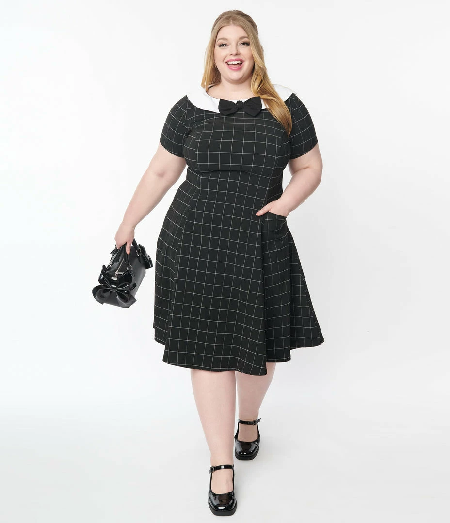Unique Vintage Plus Size Black Windowpane Eloise Swing Dress Trending